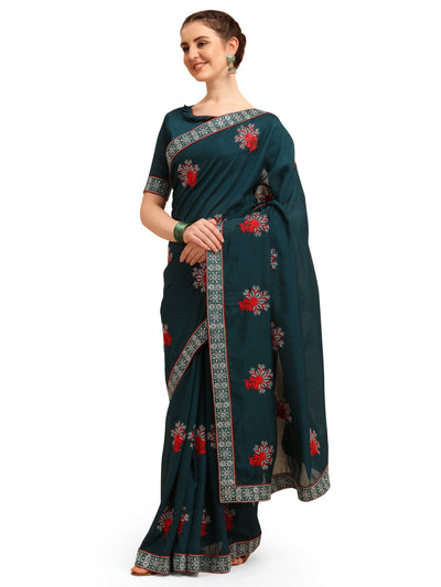 Indyancart RV Women's Vichitra Silk With Zari Embroidery Saree ( KVD1357 )