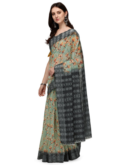 Indyancart RV Women's Linen Blend Floral Printed Exclusive Saree With Blouse ( KVD1490 )