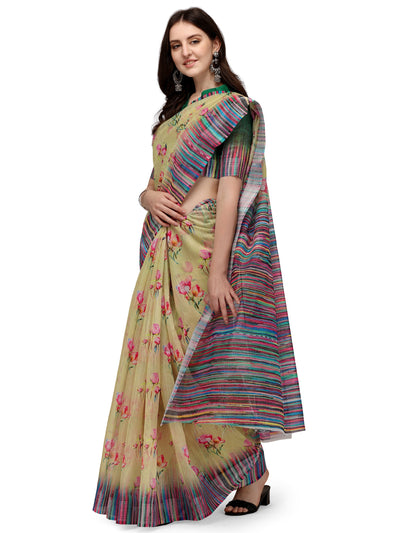Indyancart RV Women's Linen Blend Floral Printed Exclusive Saree With Blouse ( KVD1492 )