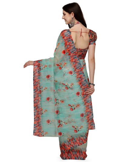 Indyancart RV Women's Linen Blend Floral Printed Exclusive Saree With Blouse ( KVD1493 )