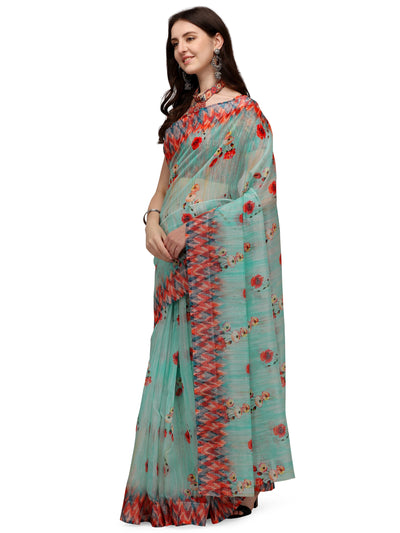 Indyancart RV Women's Linen Blend Floral Printed Exclusive Saree With Blouse ( KVD1493 )