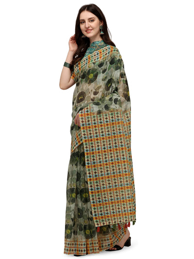Indyancart RV Women's Linen Blend Floral Printed Exclusive Saree With Blouse ( KVD1495 )