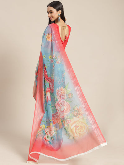 Indyancart RV Women's Organza digital Floral printed Exclusive Saree with blouse ( KVD1514 )