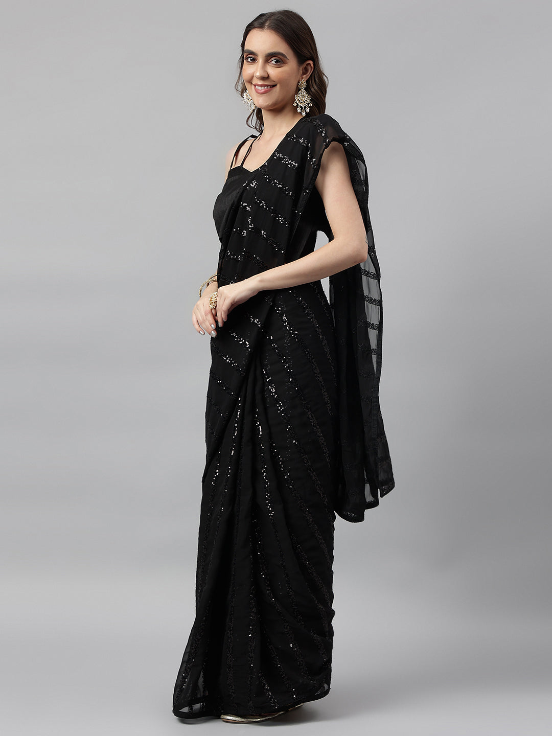 Indyancart RV Women's Elegant Georgette Sequins Embroidered Saree with Banglori Silk Blouse ( KVD1672 )
