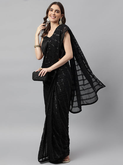 Indyancart RV Women's Elegant Georgette Sequins Embroidered Saree with Banglori Silk Blouse ( KVD1672 )