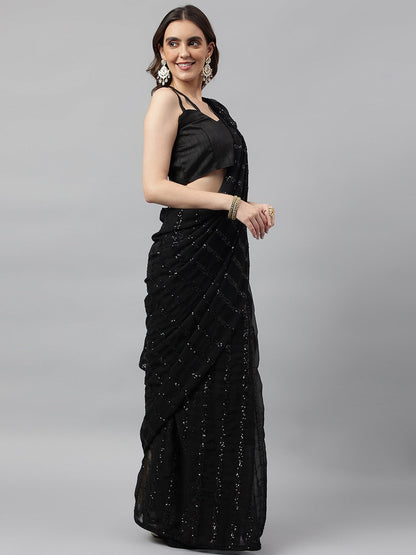 Indyancart RV Women's Elegant Georgette Sequins Embroidered Saree with Banglori Silk Blouse ( KVD1672 )