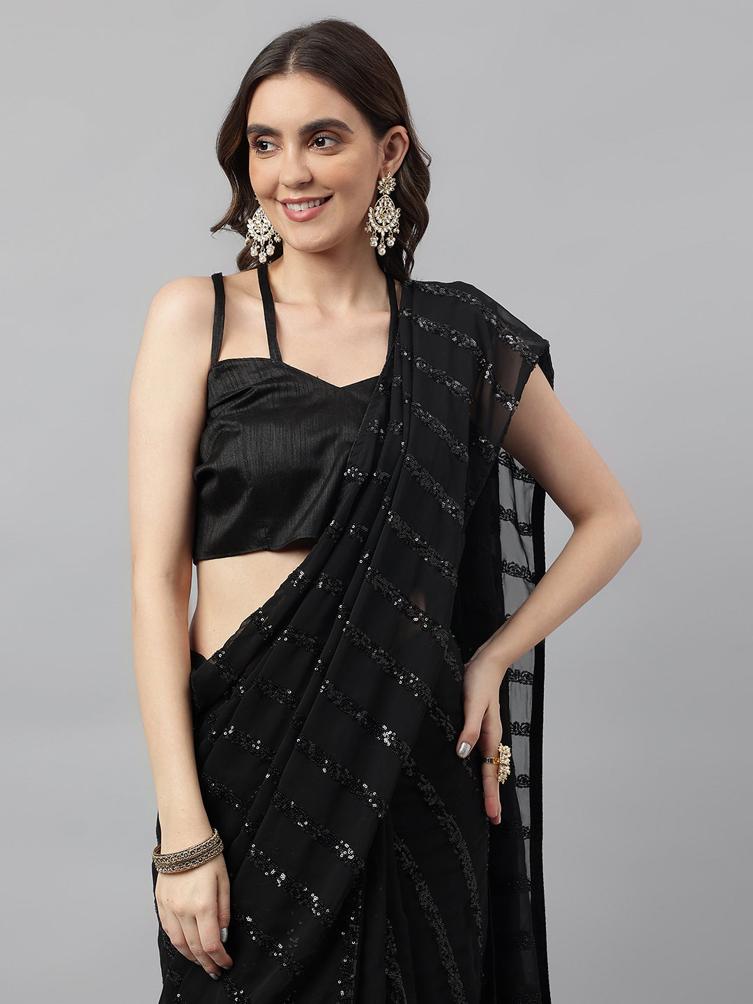 Indyancart RV Women's Elegant Georgette Sequins Embroidered Saree with Banglori Silk Blouse ( KVD1672 )