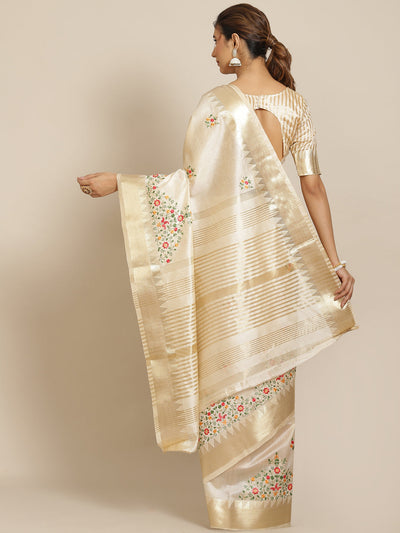 Indyancart RV Women's Elegant Assam Cotton Silk Embroidered Saree with Temple Contrast Border  ( KVD1698 )
