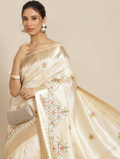 Indyancart RV Women's Elegant Assam Cotton Silk Embroidered Saree with Temple Contrast Border  ( KVD1698 )