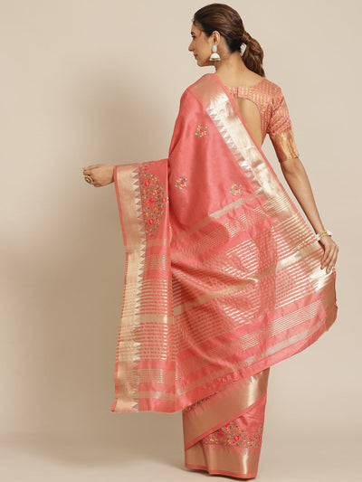 Indyancart RV Women's Elegant Assam Cotton Silk Embroidered Saree with Temple Contrast Border  ( KVD1701 )