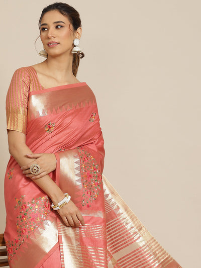 Indyancart RV Women's Elegant Assam Cotton Silk Embroidered Saree with Temple Contrast Border  ( KVD1701 )