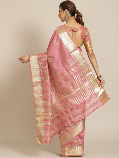 Indyancart RV Women's Elegant Assam Cotton Silk Embroidered Saree with Temple Contrast Border  ( KVD1702 )