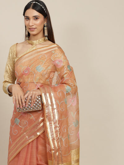 Indyancart RV Women's Organza Thread Embroidery Weaving Border Attractive Saree ( KVD1857 )