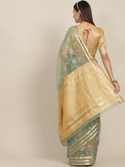 Indyancart RV Women's Organza Thread Embroidery Weaving Border Attractive Saree ( KVD1858 )