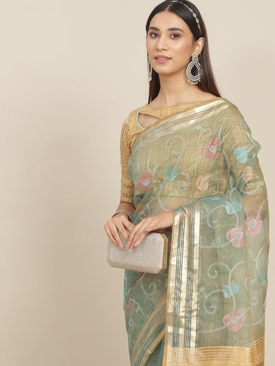 Indyancart RV Women's Organza Thread Embroidery Weaving Border Attractive Saree ( KVD1858 )