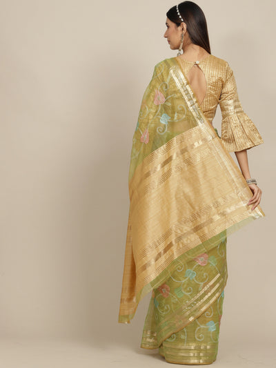 Indyancart RV Women's Organza Thread Embroidery Weaving Border Attractive Saree ( KVD1860 )