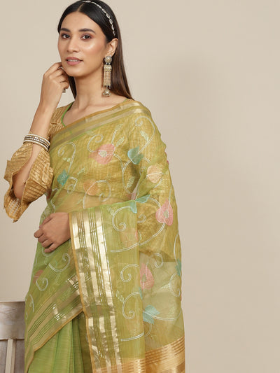 Indyancart RV Women's Organza Thread Embroidery Weaving Border Attractive Saree ( KVD1860 )
