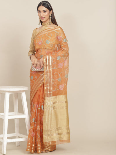 Indyancart RV Women's Organza Thread Embroidery Weaving Border Attractive Saree ( KVD1861 )