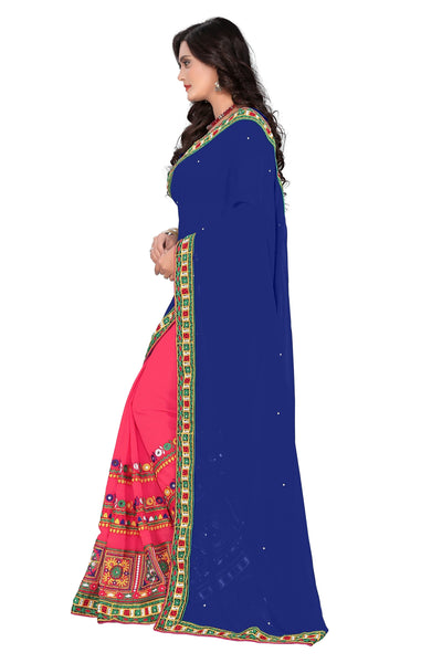 Indyancart RV Women's Designer Half & Half Georgette Embroidery Work Saree With Blouse ( KVD22 )