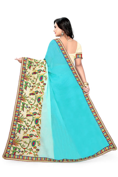 Indyancart RV Women's Deer Pattern Embroidery Chiffon Saree with Dhupion Blouse ( KVD227 )