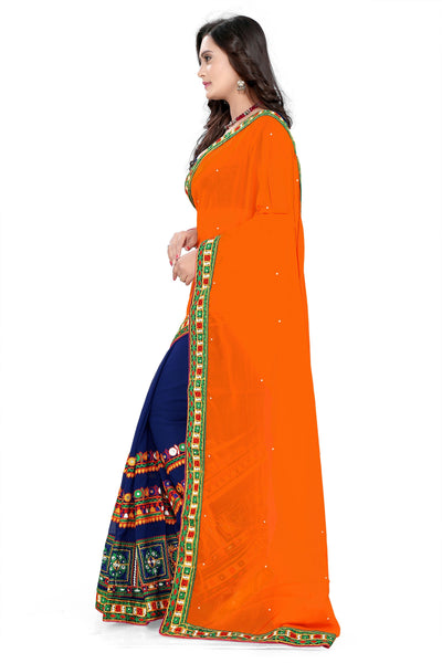 Indyancart RV Women's Designer Half & Half Georgette Embroidery Work Saree With Blouse ( KVD27 )
