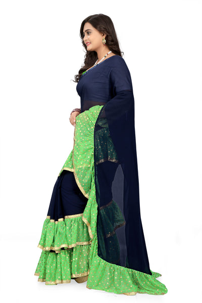 Indyancart RV Women's Plain Georgette Ruffle Saree with Banglory Silk Blouse ( KVD442 )
