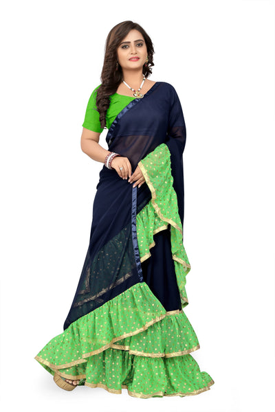 Indyancart RV Women's Plain Georgette Ruffle Saree with Banglory Silk Blouse ( KVD442 )