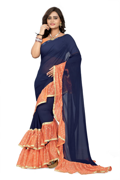 Indyancart RV Women's Plain Georgette Ruffle Saree with Banglory Silk Blouse ( KVD445 )
