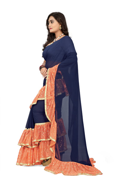 Indyancart RV Women's Plain Georgette Ruffle Saree with Banglory Silk Blouse ( KVD445 )