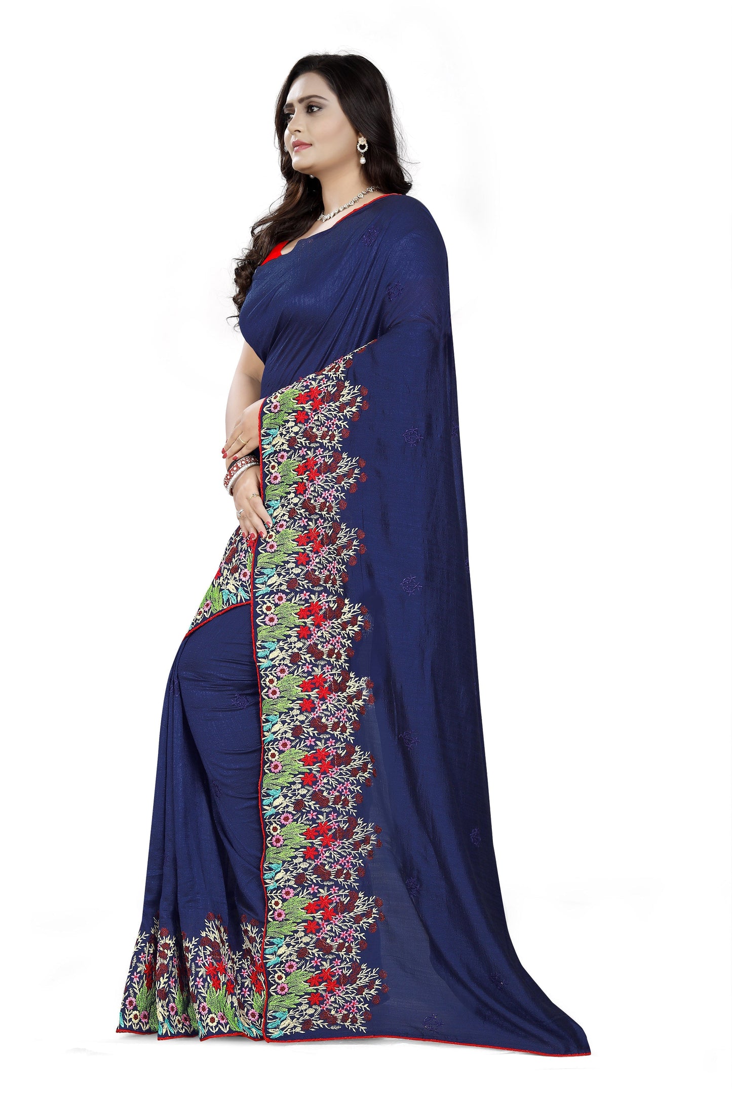 Dhiyona RV Women's Vichitra Silk With Thread Embroidery Work Exclusive Saree (KVD614_Blue)