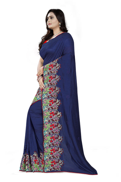 Indyancart RV Women's Vichitra Silk With Thread Embroidery Work Exclusive Saree (KVD614_Blue)