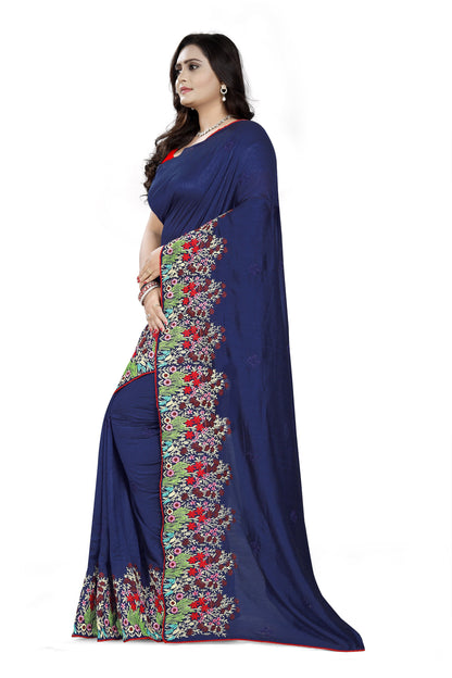 Dhiyona RV Women's Vichitra Silk With Thread Embroidery Work Exclusive Saree (KVD614_Blue)
