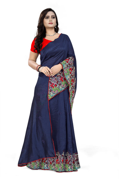Indyancart RV Women's Vichitra Silk With Thread Embroidery Work Exclusive Saree (KVD614_Blue)