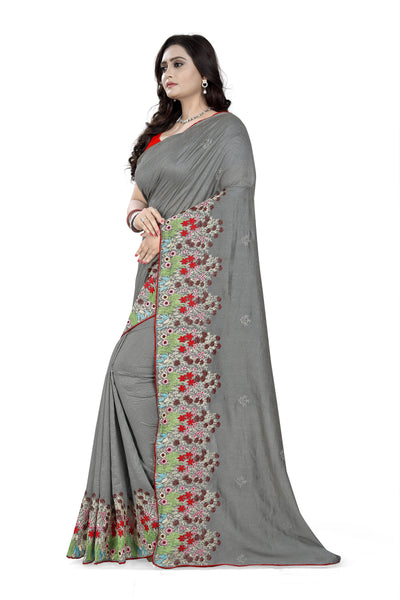 Indyancart RV Women's Vichitra Silk With Thread Embroidery Work Exclusive Saree (KVD615_Grey)
