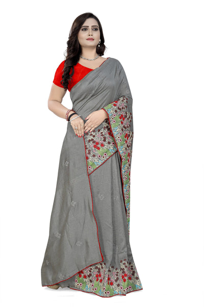 Indyancart RV Women's Vichitra Silk With Thread Embroidery Work Exclusive Saree (KVD615_Grey)