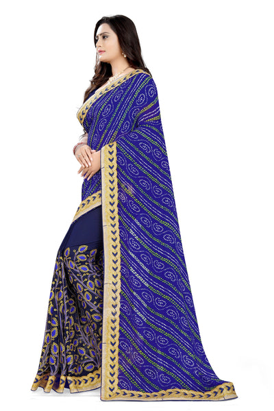 Indyancart RV Women's Foil Print Lace work border Georgette Embroidered Saree ( KVD630 )