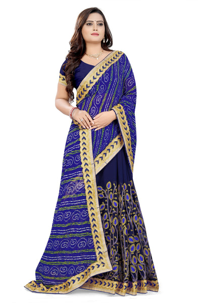 Indyancart RV Women's Foil Print Lace work border Georgette Embroidered Saree ( KVD630 )