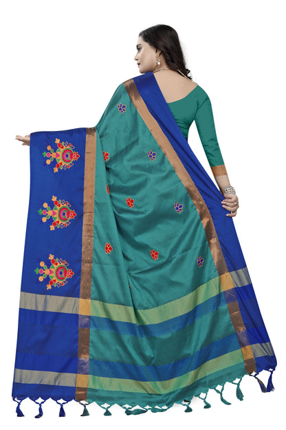 Indyancart RV Women's Designer Traditional Embroidered Cotton Silk Saree With Blouse ( KVD766 )