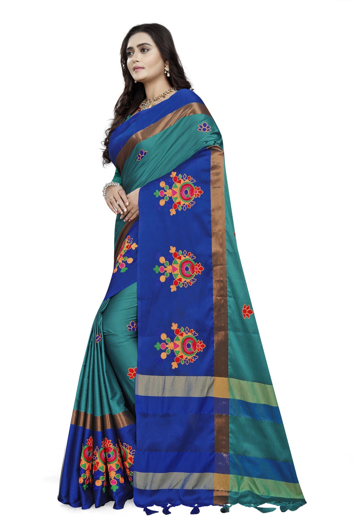 Indyancart RV Women's Designer Traditional Embroidered Cotton Silk Saree With Blouse ( KVD766 )