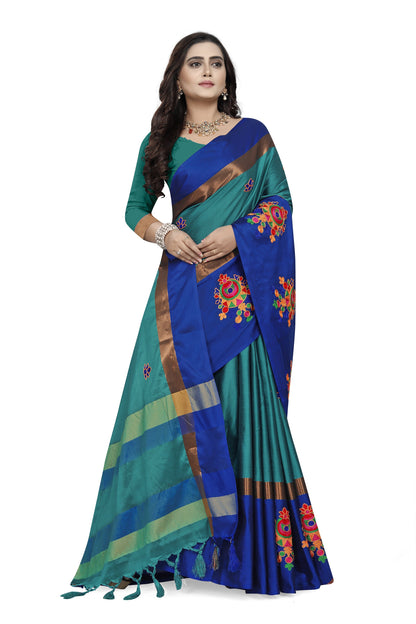 Indyancart RV Women's Designer Traditional Embroidered Cotton Silk Saree With Blouse ( KVD766 )