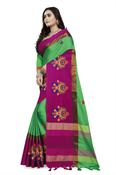 Indyancart RV Women's Designer Traditional Embroidered Cotton Silk Saree With Blouse ( KVD768 )
