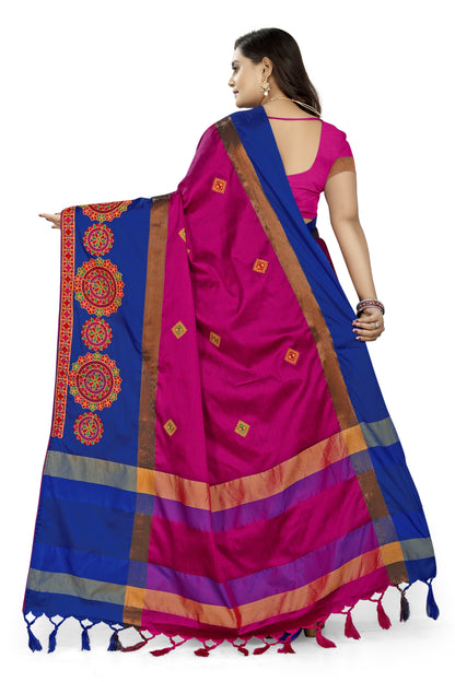 Indyancart RV Women's Designer Traditional Embroidered Cotton Silk Saree With Blouse ( KVD822 )