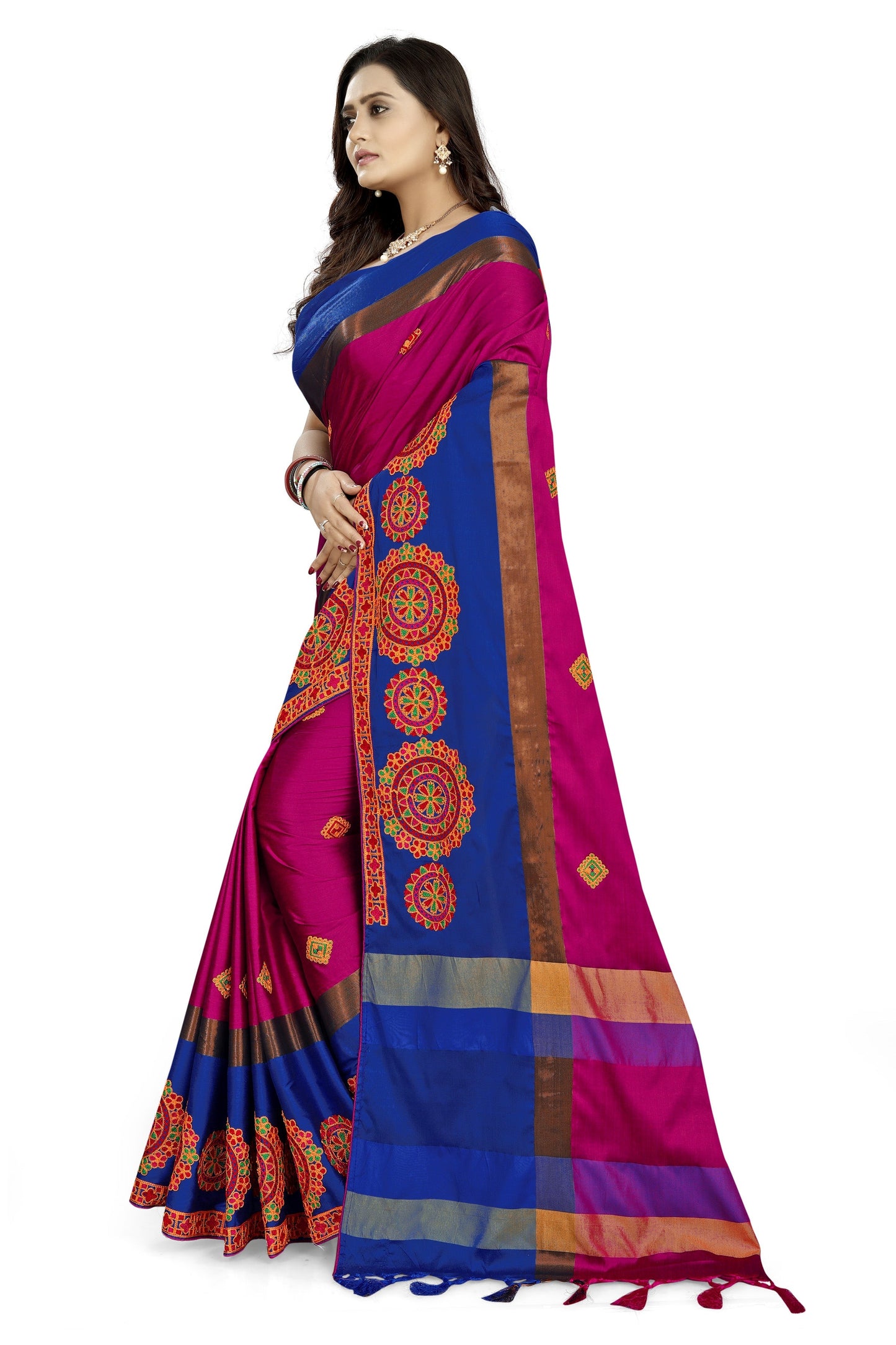 Indyancart RV Women's Designer Traditional Embroidered Cotton Silk Saree With Blouse ( KVD822 )