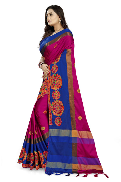 Indyancart RV Women's Designer Traditional Embroidered Cotton Silk Saree With Blouse ( KVD822 )