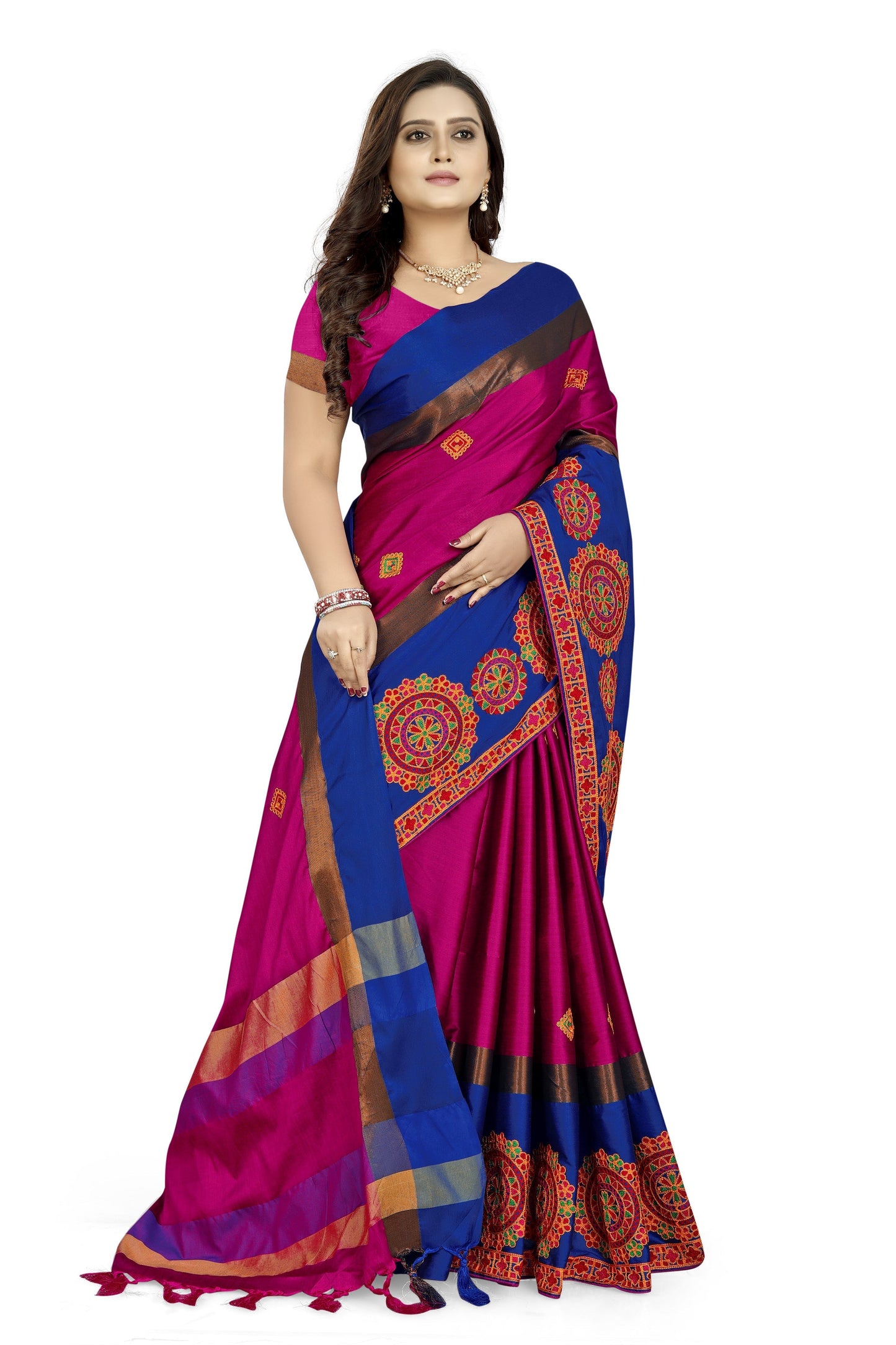 Indyancart RV Women's Designer Traditional Embroidered Cotton Silk Saree With Blouse ( KVD822 )