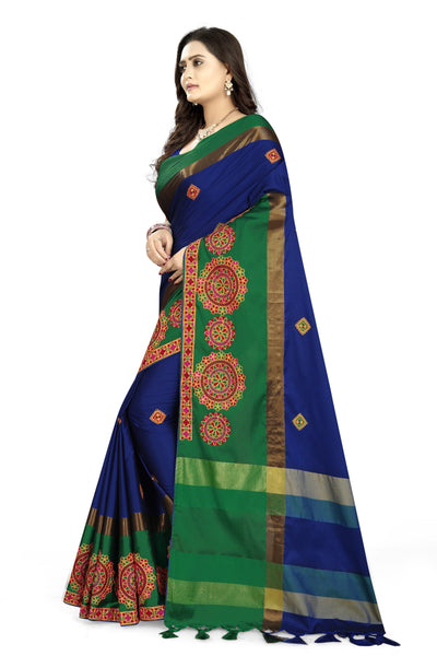 Indyancart RV Women's Designer Traditional Embroidered Cotton Silk Saree With Blouse ( KVD823 )