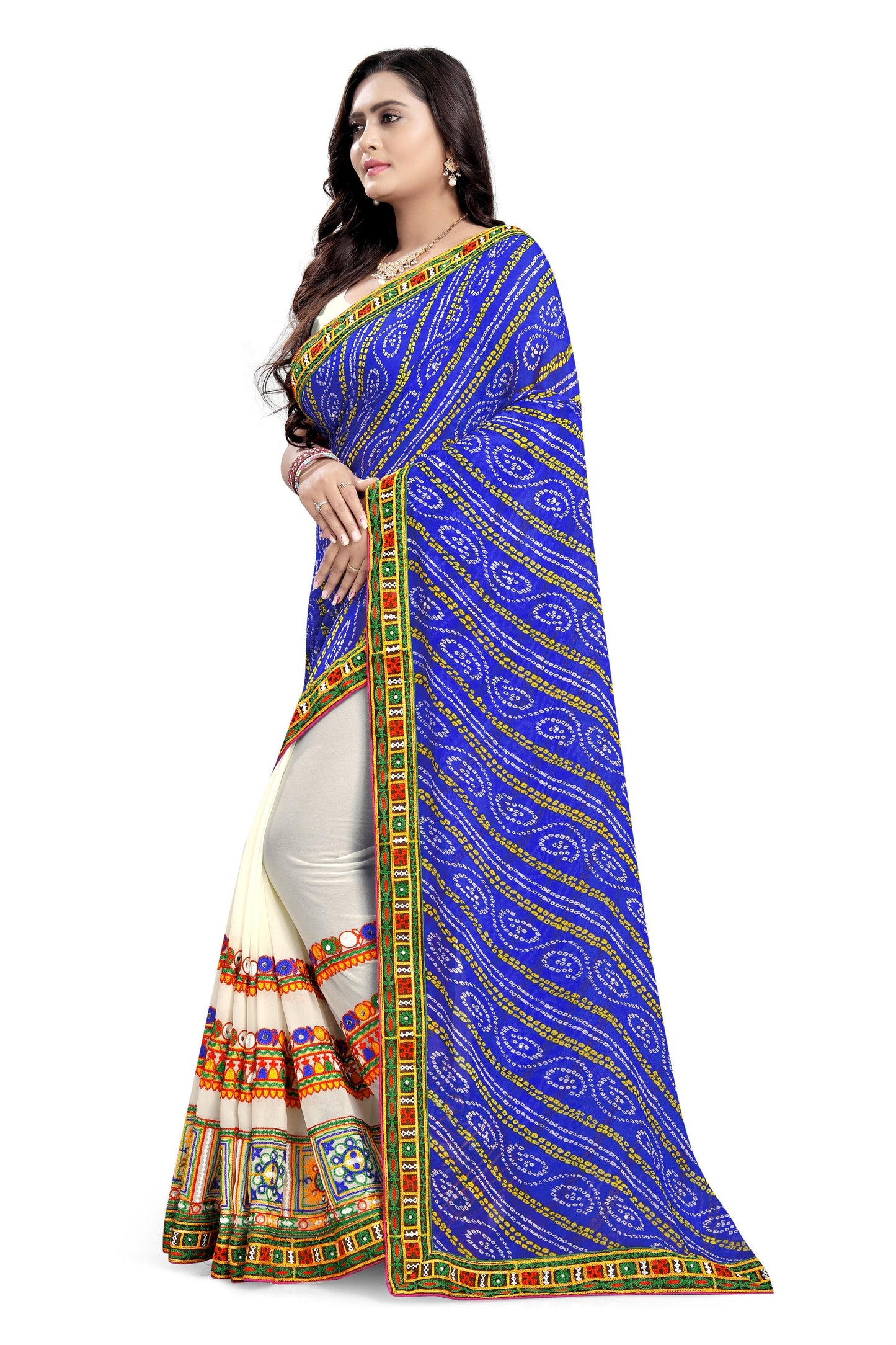 Dhiyona RV Women's Half And Half Bandhani Pallu With Kutchi Embroidered Saree ( KVD930 )