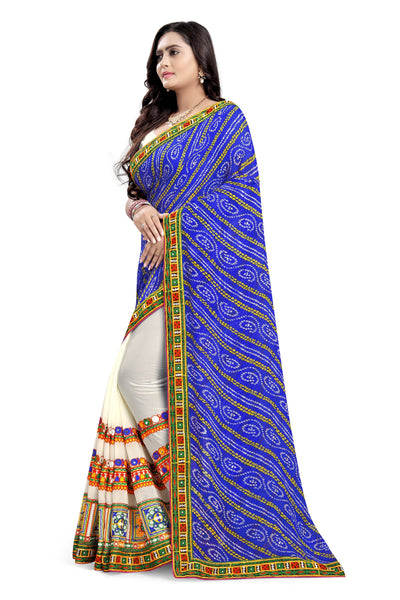 Indyancart RV Women's Half And Half Bandhani Pallu With Kutchi Embroidered Saree ( KVD930 )