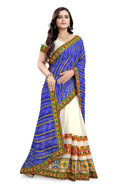Indyancart RV Women's Half And Half Bandhani Pallu With Kutchi Embroidered Saree ( KVD930 )