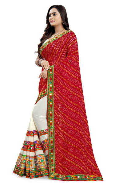 Indyancart RV Women's Half And Half Bandhani Pallu With Kutchi Embroidered Saree ( KVD932 )